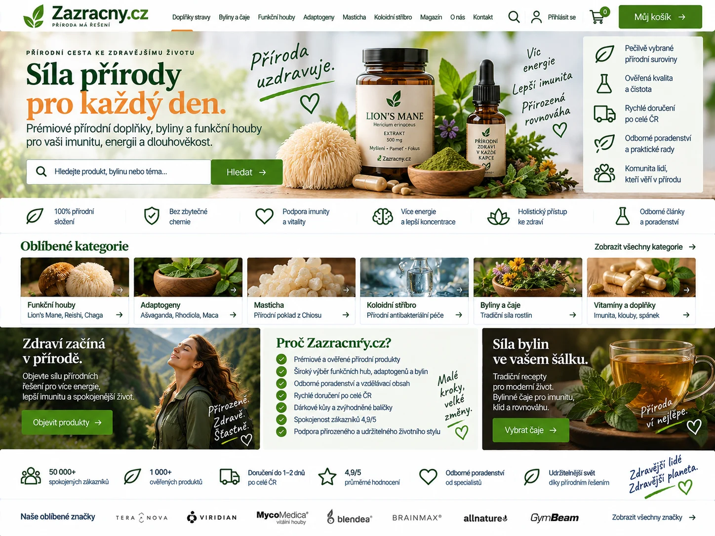 Ilustrační návrh zeleného wellbeing webu Zazracny.cz s bylinami, funkčními houbami, čajem a doplňky stravy